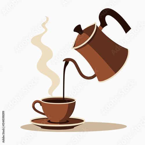Illustration of a Moka Pot Pouring Coffee into a Cup, Creating Steam, on a White Background