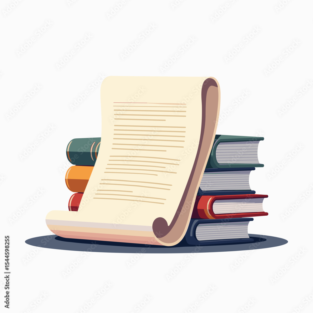 Fototapeta premium Illustration of a Stack of Books with a Rolled Parchment Document on Top, Education and Knowledge Concept