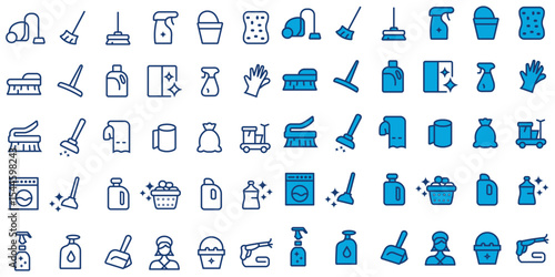 Cleaning service expanded line shape icon on maid, brush, vacuum cleaner, hygiene, laundry, domestic life and many more. Vector illustration on housekeeping, element, cleaning service Icon