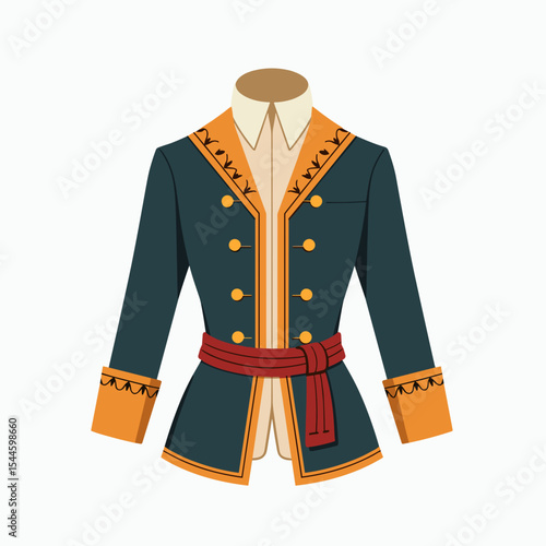 Illustration of a Vintage Military Style Jacket with Gold Trim and Red Sash, Fashion Design