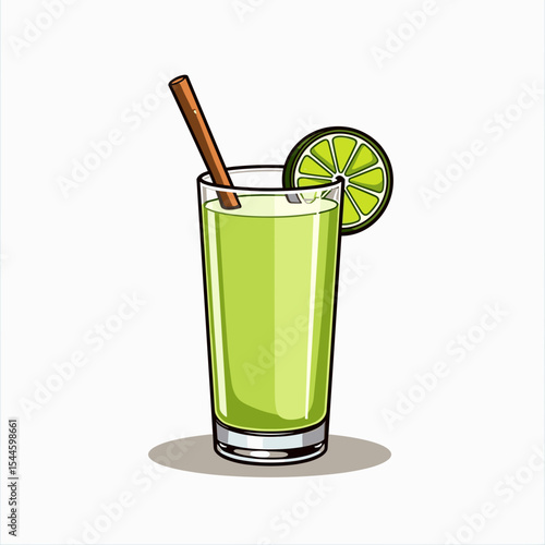 Refreshing Green Juice in a Glass with Lime and Straw, Cartoon Illustration