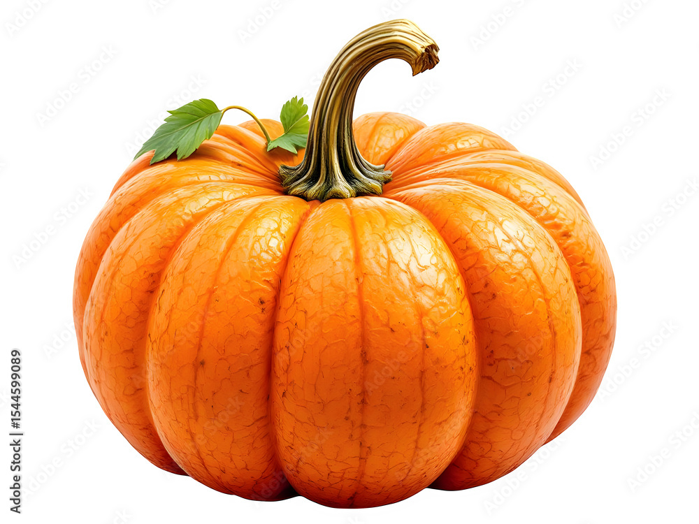 Obraz premium Orange pumpkin with green leaves isolated on transparent background
