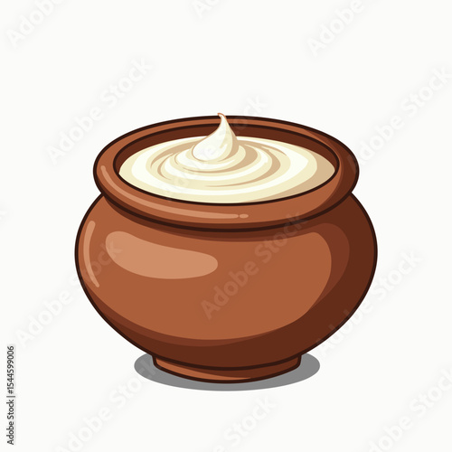 Illustration of a Brown Ceramic Pot Filled with Creamy Yogurt or Sour Cream
