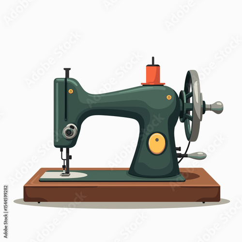 Vintage Green Sewing Machine with Orange Thread Spool and Wooden Base Cartoon Illustration