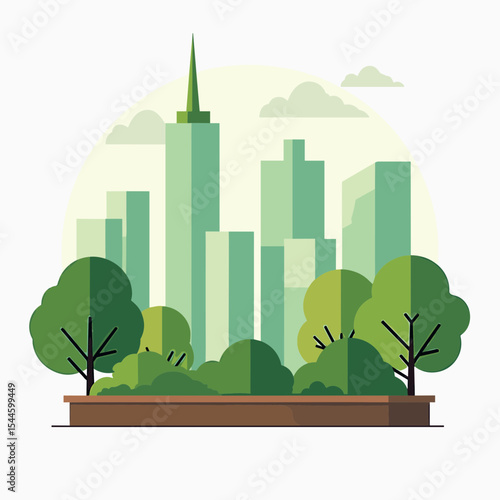 Green Cityscape Illustration with Park and Buildings in Flat Design Style, Emphasizing Environmental Harmony and Urban Sustainability