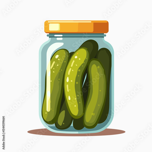 Illustration of Pickled Cucumbers in a Glass Jar with Yellow Lid, a Delicious and Tangy Food Preserve