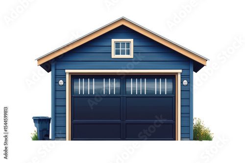 A charming blue clapboard garage stands proudly evoking feelings of home improvement and on transparent background