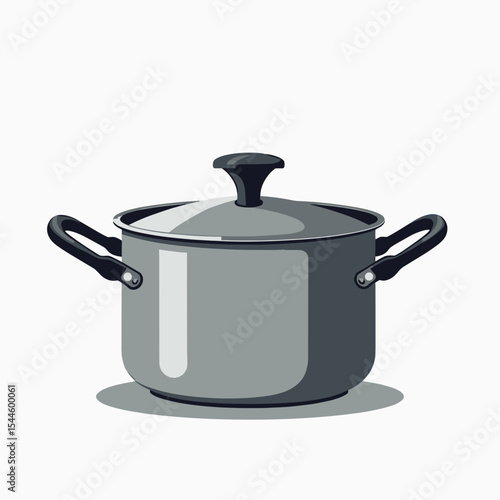 Stylized Vector Illustration of a Stainless Steel Cooking Pot with Lid on a White Background