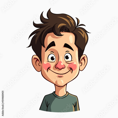 Cartoon Illustration of a Smiling Young Man with Brown Hair and Rosy Cheeks on White Background