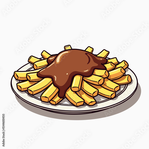 Cartoon Poutine Illustration: A Delicious Plate of French Fries Topped with Gravy and Cheese Curds