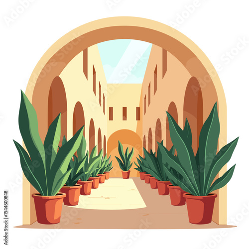 Architectural Courtyard with Potted Plants and Arched Passageway, Illustrative Vector Design