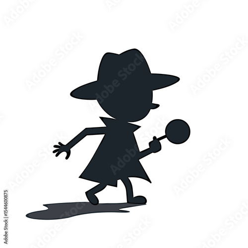 Silhouette of a Cartoon Detective Holding a Magnifying Glass, Illustration with Shadow