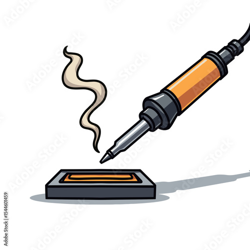 Cartoon Illustration of a Soldering Iron with Smoke Above a Soldering Pad, Electronics Repair Concept