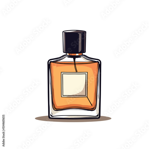 Elegant Square Perfume Bottle with Amber Liquid and Black Cap Isolated Illustration