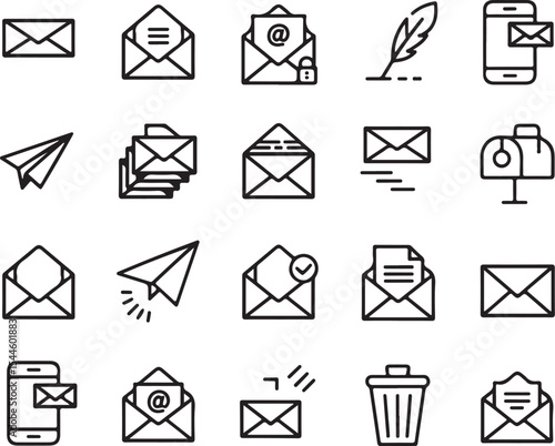 Collection of Email and Postal Mail Icons Envelope, Paper Plane, and More