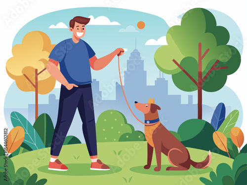 Happy Man Walking His Dog in a Park Cityscape Background Design featuring a cute canine companion