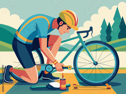 Cyclist Repairing Bike Outdoors Nature Scene Design Element for Branding Projects