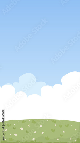 Green Field with Clouds – Vertical Cartoon Nature Background Vector