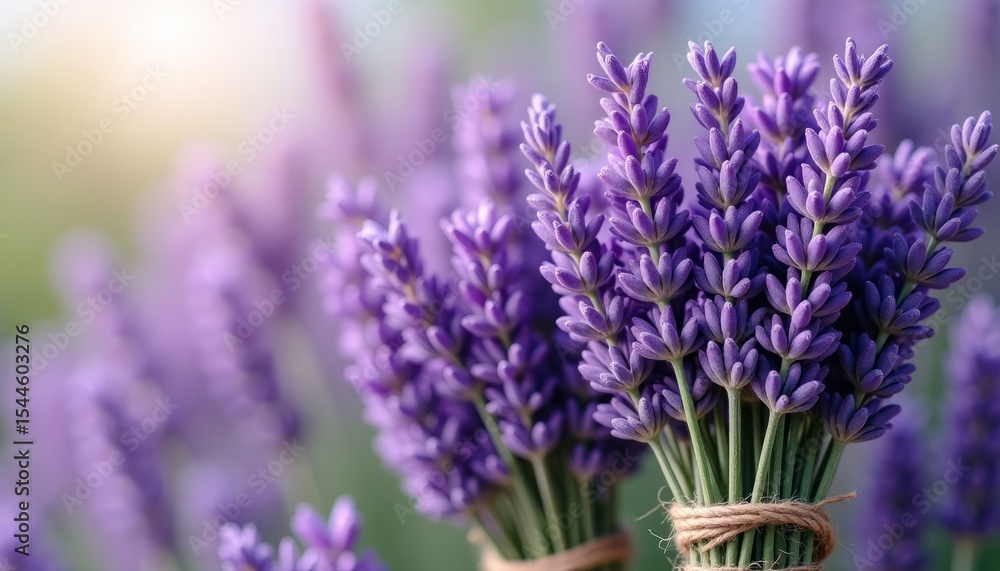 Obraz premium a close-up of several lavender sprigs tied together with twine, showcasing the delicate blossoms and intricate details that highlight nature's charm and simplicity.
