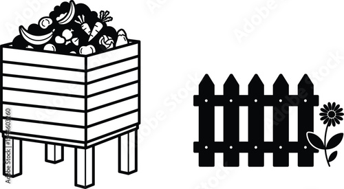 Compost bin with organic waste, backyard composting concept, eco garden recycling, vegetable scraps, sustainable farming, food waste composting, home garden fence with flower