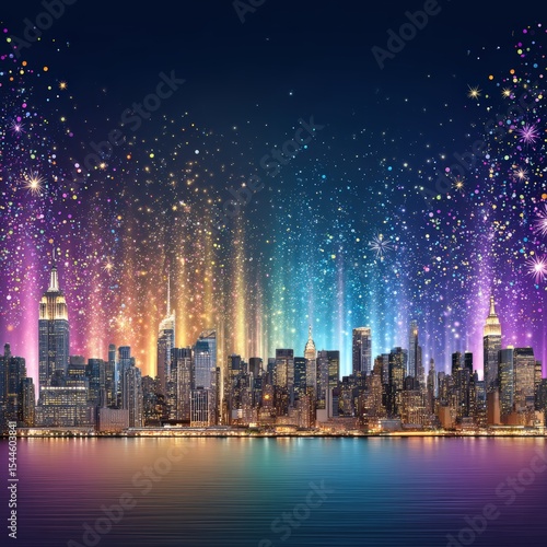 A vibrant cityscape twinkles beneath a rain of multicolor bokeh lights, casting a blurry, high-fidelity glow over the urban skyline at night.