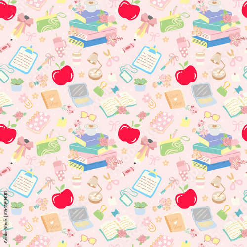Pastel teacher stuff with floral bookish teacher elements including notebooks books and cute school supplies for educational and planner designs.