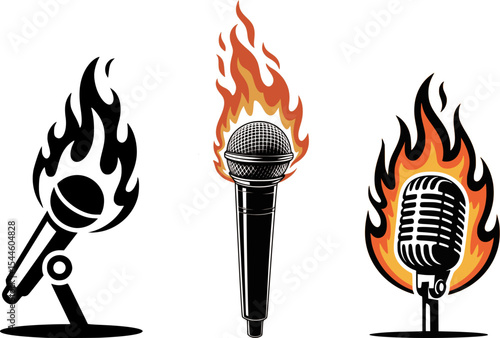 Burning Microphone Vector Illustration – Vintage Mic in Flames Silhouette Design, High Contrast Performance Art for Posters and T-Shirts