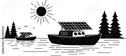 Solar powered boat on lake, clean energy travel concept, eco-friendly marine transport, sustainable water vehicle, solar energy sailing, environmental boating, renewable powered ship