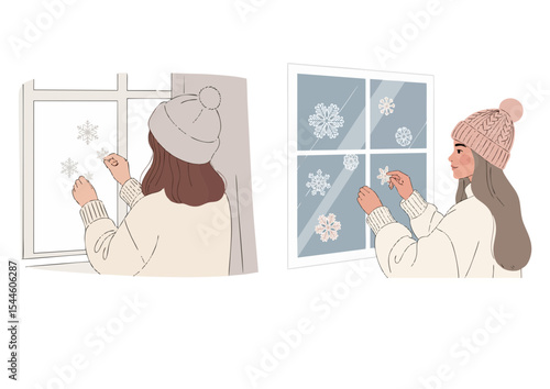 Girl decorating a window with snowflakes in a cozy winter illustration with copy space