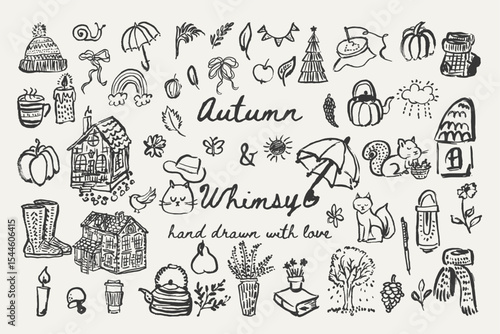 Whimsical autumn vector set with rainbow, cat, scarf, book, embroidery, snail and cozy items. Ideal for seasonal prints and creative design.