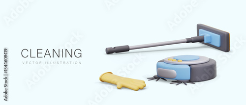 Concept of cleaning. Vector mop, rubber glove, robot vacuum cleaner in realistic cartoon style. Cleaning by hand and with help of modern household appliances