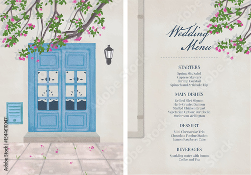 Set of watercolor wedding menu vintage chic with mediterranean architecture
