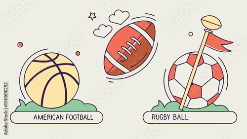 A cartoon illustration featuring a basketball american football and rugby ball on a light background design