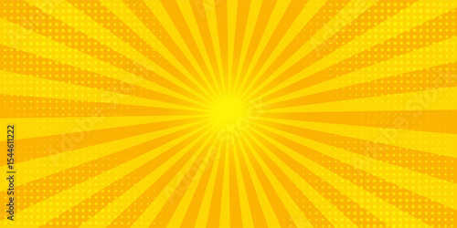 Abstract orange comic background. Art pop cartoon backdrop. Halftone effect pattern. Fun anime texture. Starburst manga style bg. Mark popart radial gradient. Spiral, swirl, comic rays.