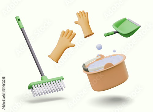 Plastic bucket with soap foam, mop, scoop, rubber gloves. Collection of items for manual wet and dry cleaning concepts. Isolated realistic supplies for housekeeping