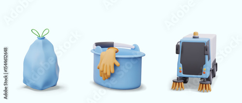 Garbage bag with ties, bucket with rubber gloves, street vacuum cleaner. Set of elements for modern cleaning concepts. Manual work and automated process