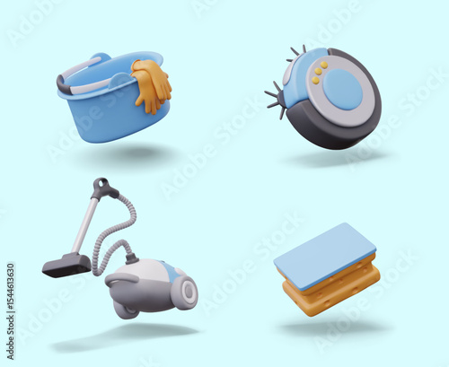 Set of 3D objects for cleaning in cartoon style. Plastic bucket with rubber gloves, vacuum cleaner, robot, sponge. Isolated templates for creatives, advertising, compositions