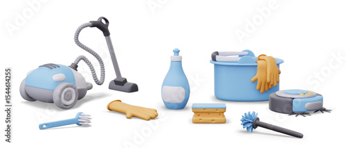 Set of modern devices, detergents and electrical household appliances for cleaning. Vacuum cleaner, sponge, robot, brush, bucket, glove, bottle. Isolated objects