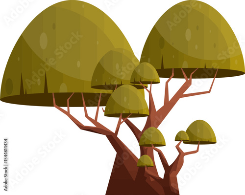 Cartoon Tree: A whimsical illustration of a cartoon tree with multiple rounded canopies, rendered in shades of olive green and brown. The style is simple yet charming.