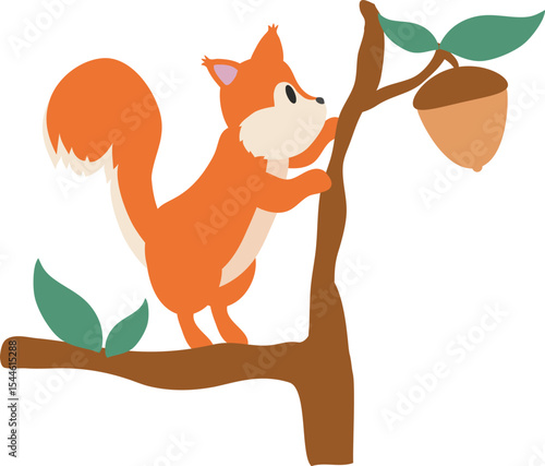 Playful Squirrel and Acorn: A cheerful squirrel with a fluffy tail gazes at a tempting acorn on a branch, ready for an autumn feast. Delight in the whimsical illustration that evokes joy.