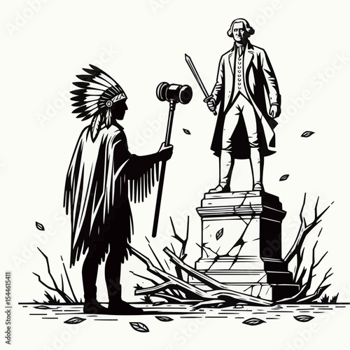 Powerful illustration of Native American chief confronting George Washington statue