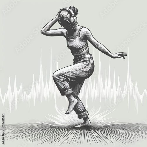 Dynamic illustration of a young woman dancing to music with headphones in a rhythmic setting
