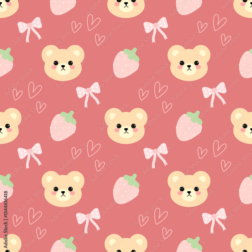 Fototapeta premium Seamless pattern with teddy bear and strawberry 