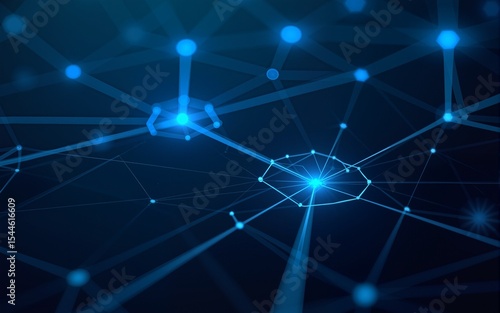 Dark blue polygonal network with bright triangular facets and glowing connection points forming sophisticated web of modern data exchange technology architecture illustration. High quality
