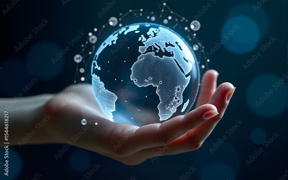 A detailed image of a hand holding a hightech digital globe, with luminous connections and dynamic data points, representing a connected planet. High quality A detailed image of a hand holding a hightech digital globe, with luminous connections and dynamic data points, representing a connected planet. High quality