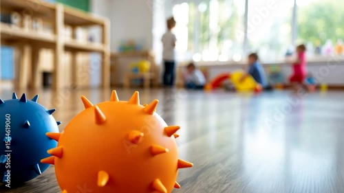 Colorful sensory play balls on wooden floor in bright playroom with blurry children playing