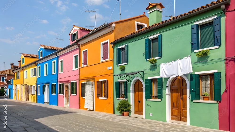 Fototapeta premium Colorful Burano houses, Italy: a sunny street scene with vibrant facades and laundry hanging