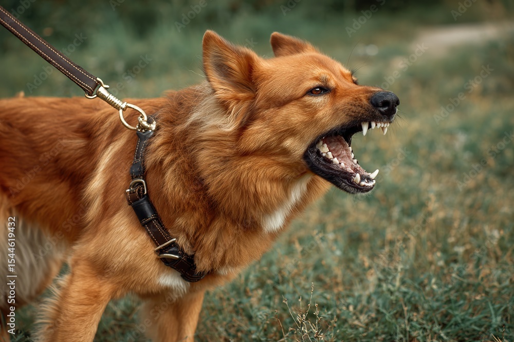 Naklejka premium Close-up red dog on leash snarling or barking with bared teeth, demonstrating aggressive or defensive behavior against grass background