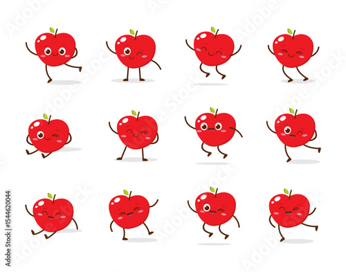 Cute red apple cartoon character with a smiling face, showing a friendly and playful pose. Perfect for kids illustrations, healthy food campaigns, fruit-themed designs, or educational materials. Isola
