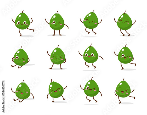 Cute green guava cartoon character with a smiling face and cheerful pose. Perfect for kids illustrations, tropical fruit projects, healthy food concepts, or educational materials. Isolated on white ba